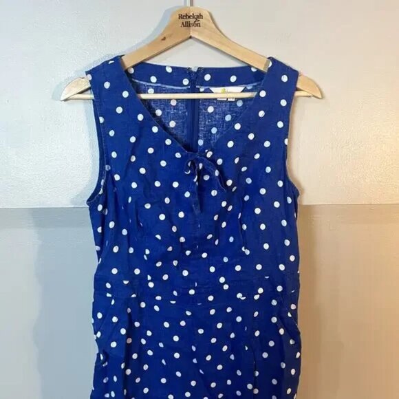 Boden Rae Linen Dress Blue & White Scattered Spot Polka Dot A-Line Dress SZ 8R - Picture 4 of 13